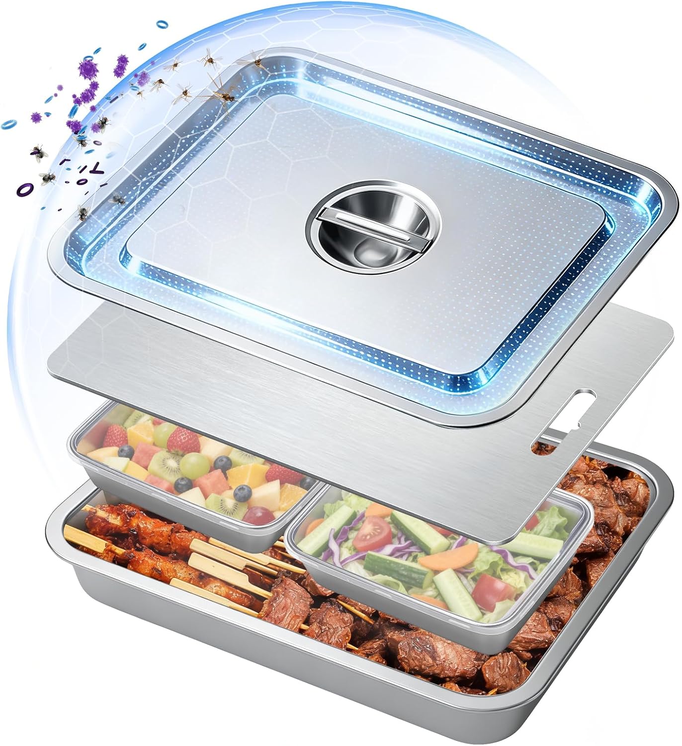 7-in-1 Stainless Steel Grill Prep Trays & Carry System, Large Lidded Marinating Containers with Cutting Board & 2 Food Storage Containers with Lids, Stackable BBQ Grill Accessories for Outdoor Cooking