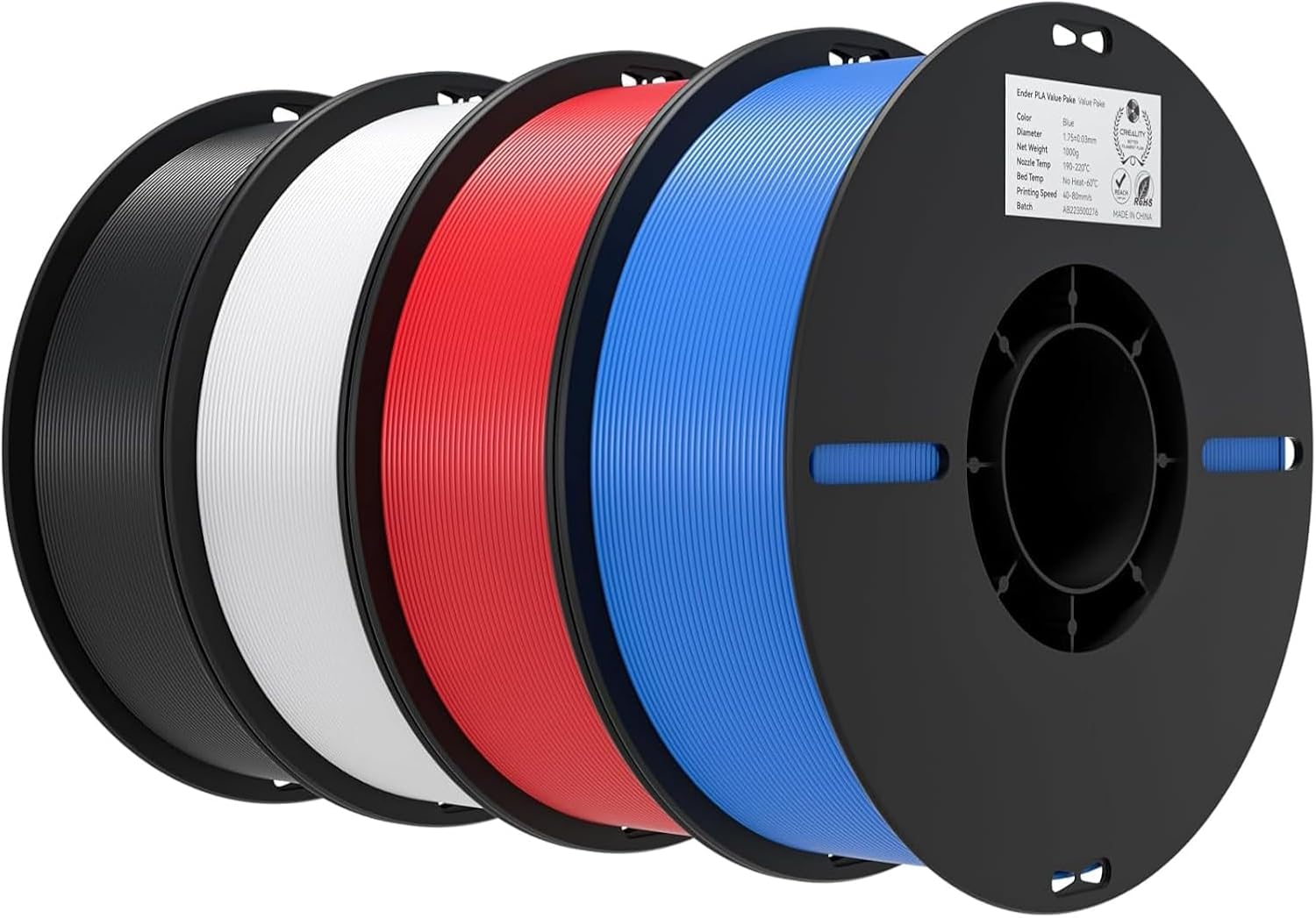 Creality Ender - Filamento in PLA da 4 kg, per stampanti 3D da 1,75 mm, +/- 0,02 mm, confezione da 4 bobine da 1 kg, adatto per la maggior parte delle stampanti 3D FDM, nero, bianco, blu, rosso