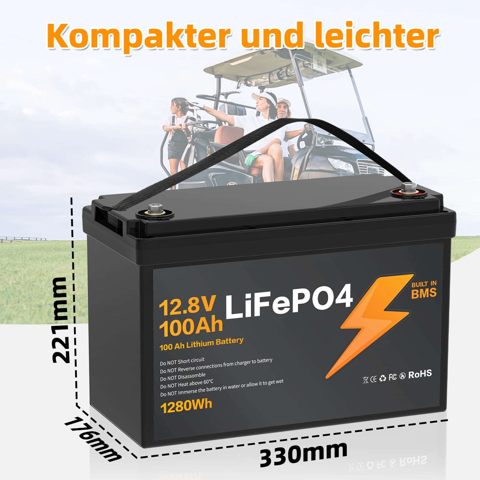 12V 100Ah LiFePO4 Batterie, BMS Integrado, 15000 Ciclos de Descarga Profunda Diseño ligero, Hogar Acampadas Autocaravanas Sistemas Solares Embarcaciones.
