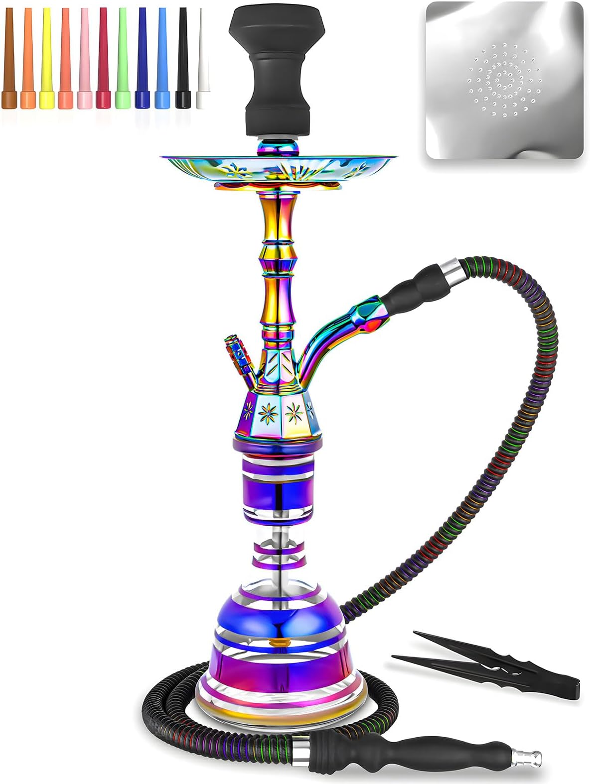 Hookah Set 23'' Shisha Complete Set Egyptian With Glass Vase, Silk Hose, Black Clay Bowl, Coal Tong, 50 Foil, 50 Hookah Disposable Tips