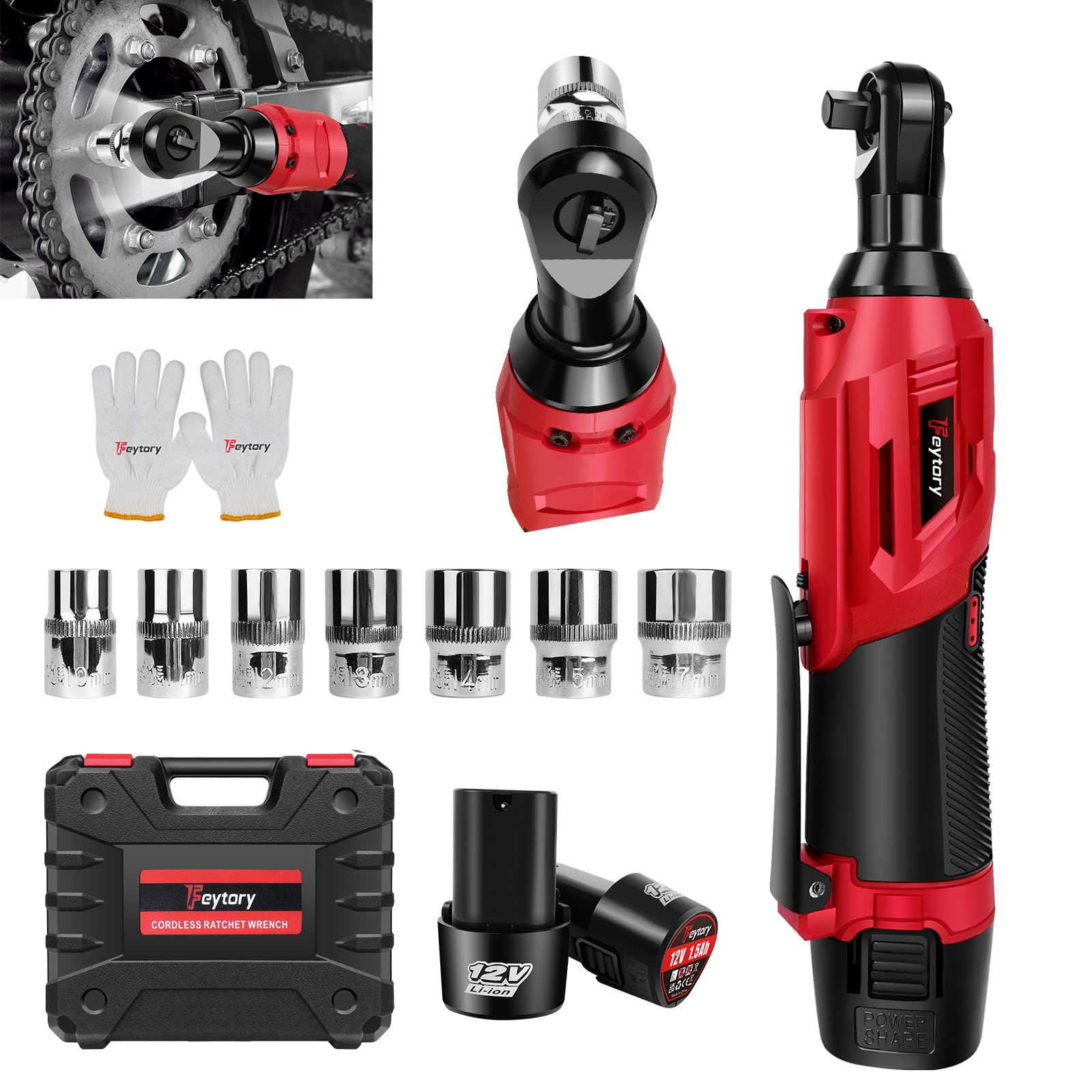 Set di chiavi a cricchetto elettriche a batteria con 7 bussole, 40N.m 12V Electric Ratchet Wrench Kit Power Wrench con luce LED, include caricabatterie rapido, doppia batteria, guanti(Rosso)