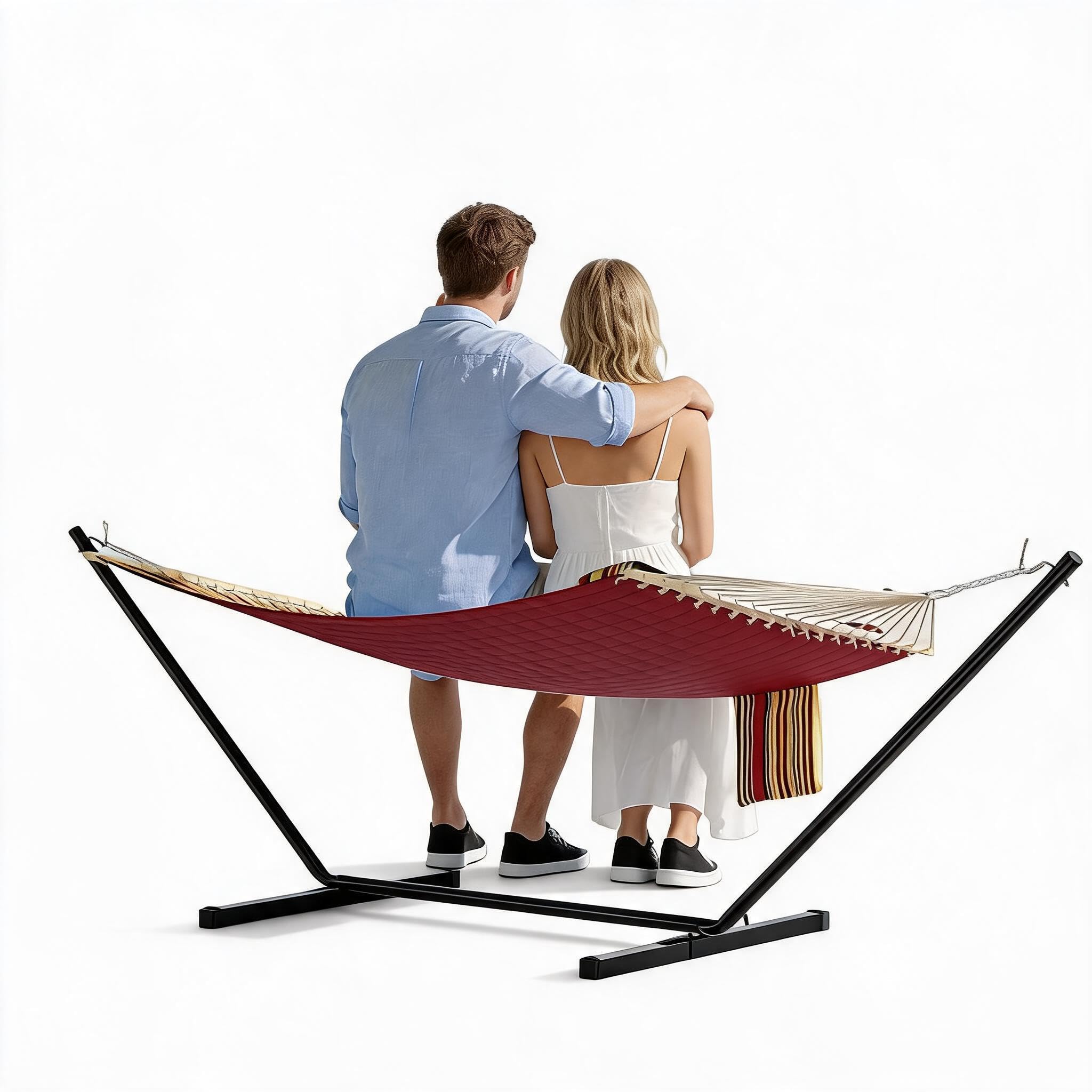 Double Hammock with Stand Included, 12FT Quilted Hammock Wooden Spreader Bar 450LBS Foldable Hammock with Pillow Chains Indoor Outdoor Garden Red Yellow Stripe