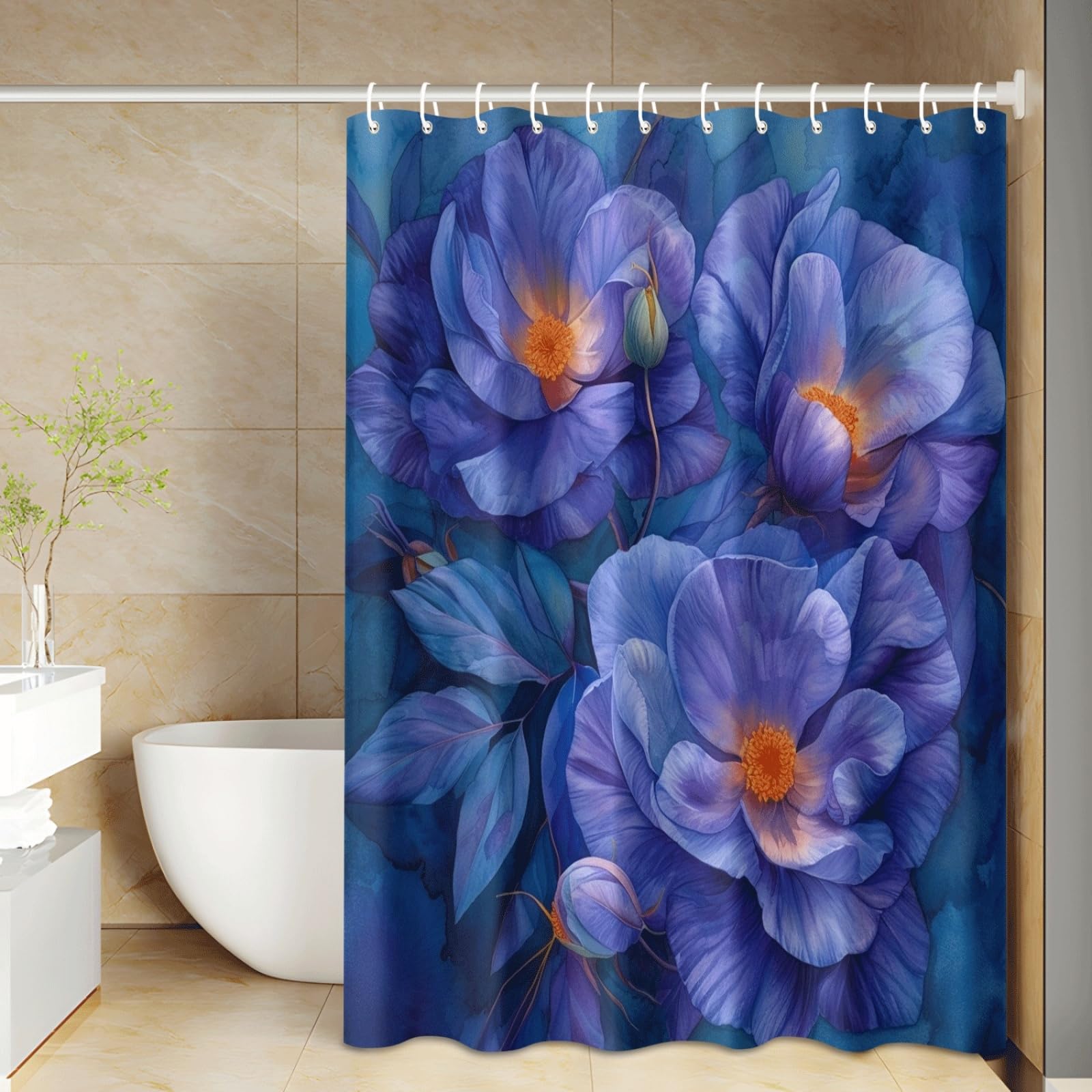 Shower Curtain Orange Blue Flower Mould Resistant Shower Curtains for Bathroom Washable Polyester Bathroom Curtains Decor Wet Room Quick Dry Anti Mould Bath Curtain with 12 Hooks 200x240cm