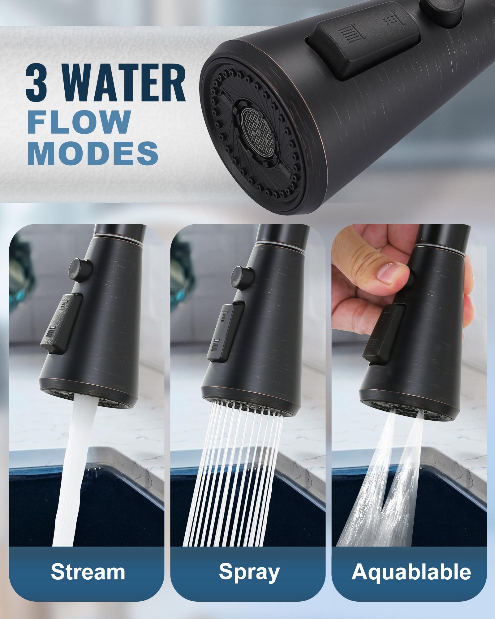 Cabezal de pulverización extraíble de repuesto para grifo de cocina con 9 adaptadores, boquilla de pulverización extraíble de 3 funciones compatible con Moen, grifos estándar americanos, bronce