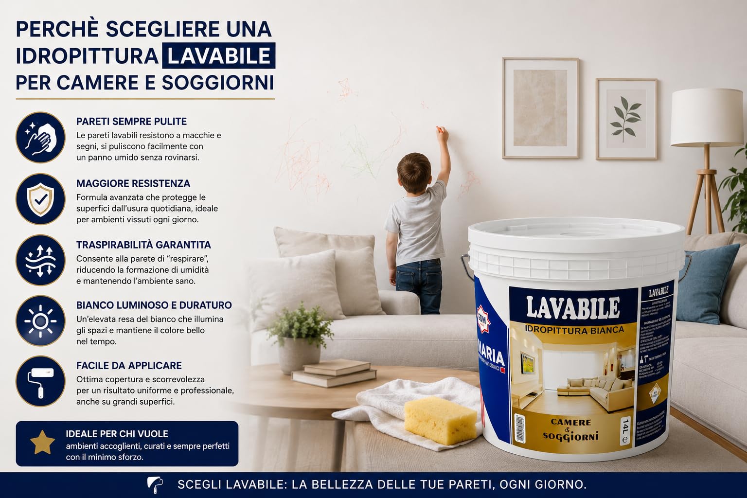 GDM 600008600010229 IDROPITTURA Ideale per CAMERE E SOGGIORNI, Bianco, 14 l (Confezione da 1)