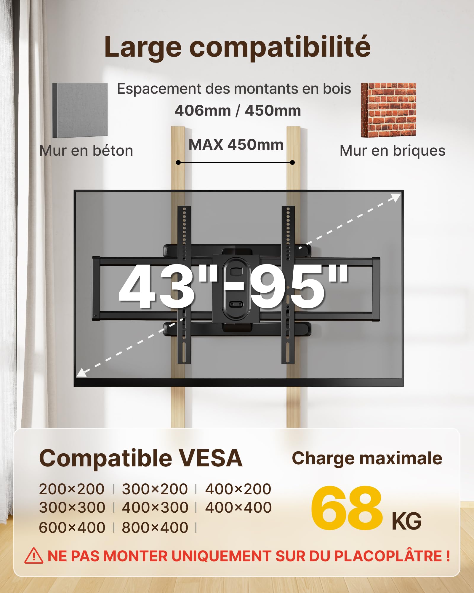 monTEK Support TV Mural 43 à 95",VESA 800x400mm Max,Charge Max 60 kg