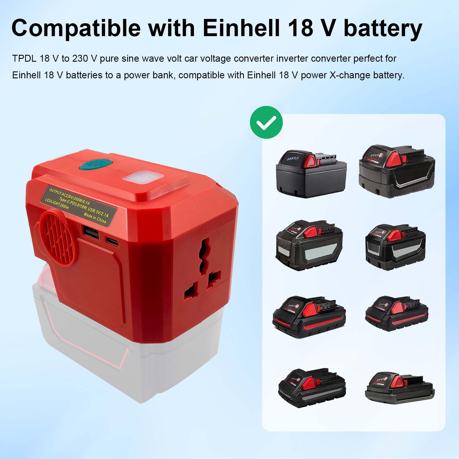 Convertitore per Einhell 18V Batterie, 200W 18V CC a 220 V CA, Adattatore Convertitore per Batterie a Onda Sinusoidale Pura con Lampada LED USB-C 200LM e Prese 230V Inverter per Campeggio