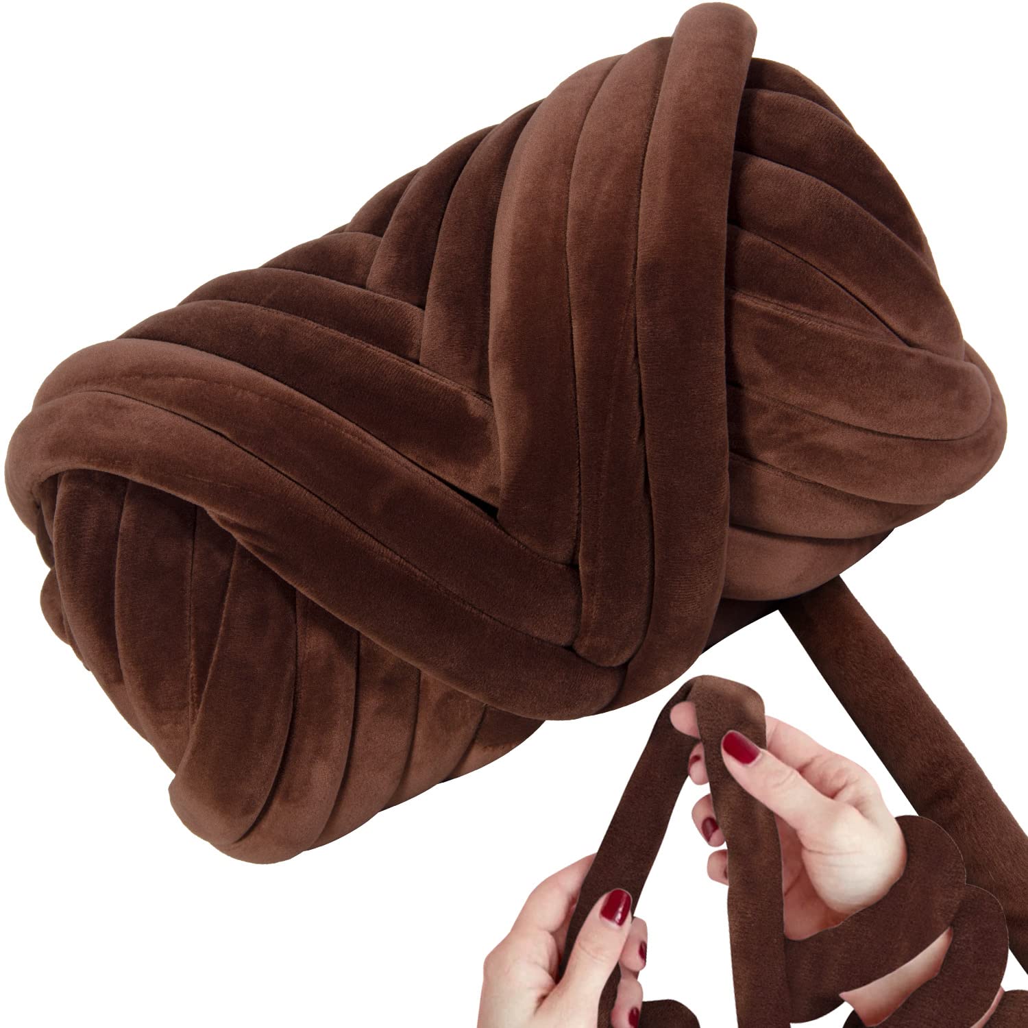 Ultra Soft 2.2 LBS (1kg) Chunky Yarn for Hand Knitting, Lush Velvet Fabric Tube Yarn to Make Handbags, Pillows, Blankets, Crafts (Coffee Brown)
