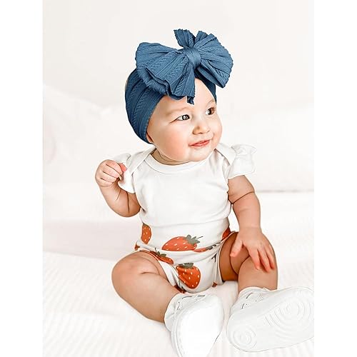 Miniatura 29 de Niceye Diademas hechas a mano para bebé, bandas de pelo de nailon elástico suave con lazos para recién nacidos, bebés y niñas pequeñas Azul