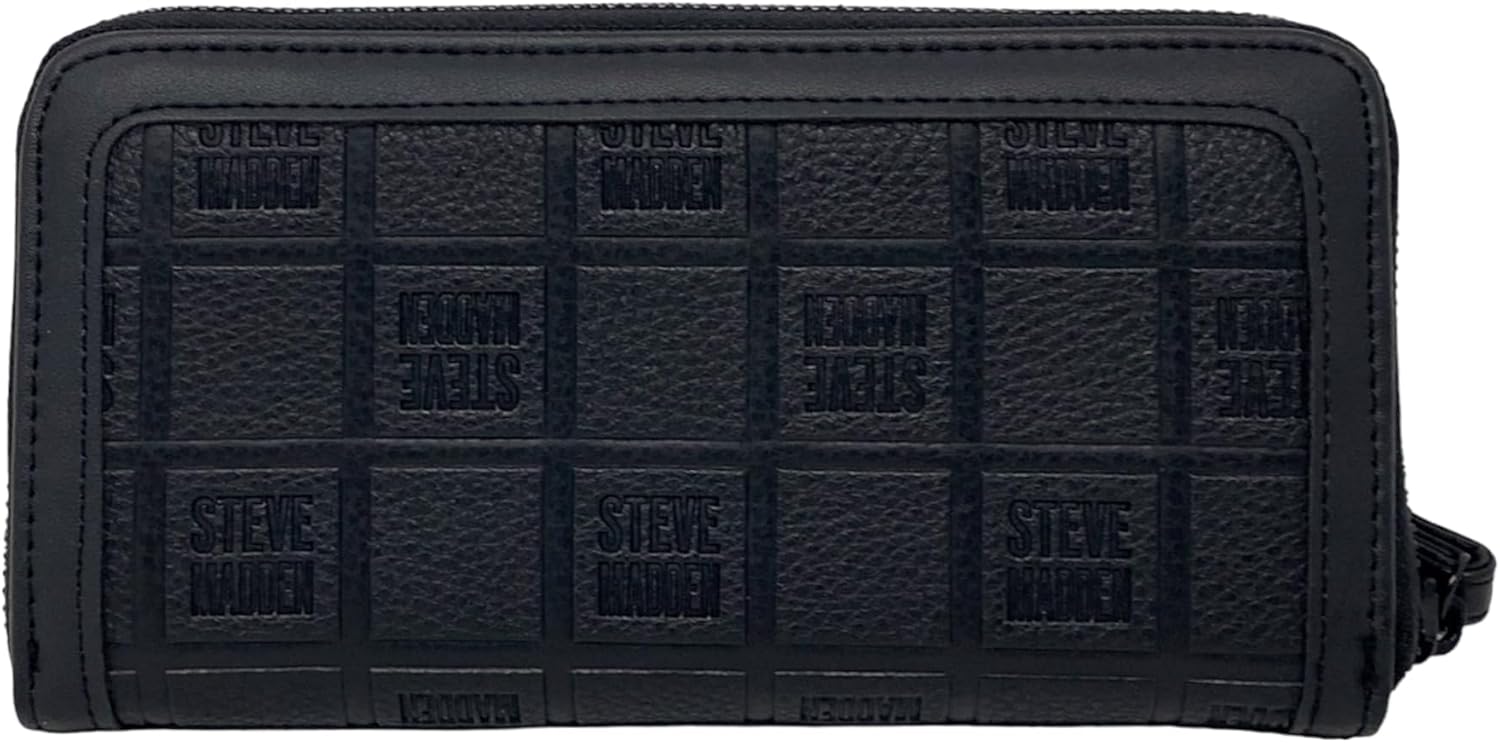 Steve Madden LARGE ZIP AROUND Wristlet Wallet (BLACK CHECKER LOGO)