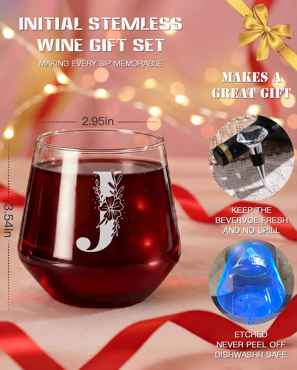 Physkoa Personalized Stemless Wine Glass — Customized A–Z Initial, Etched & Dishwasher Safe | Birthday Wine Gift for Her, Mom, Friend, Wife, Sister | Valentine’s Day Monogrammed Gift(J) - Image 2