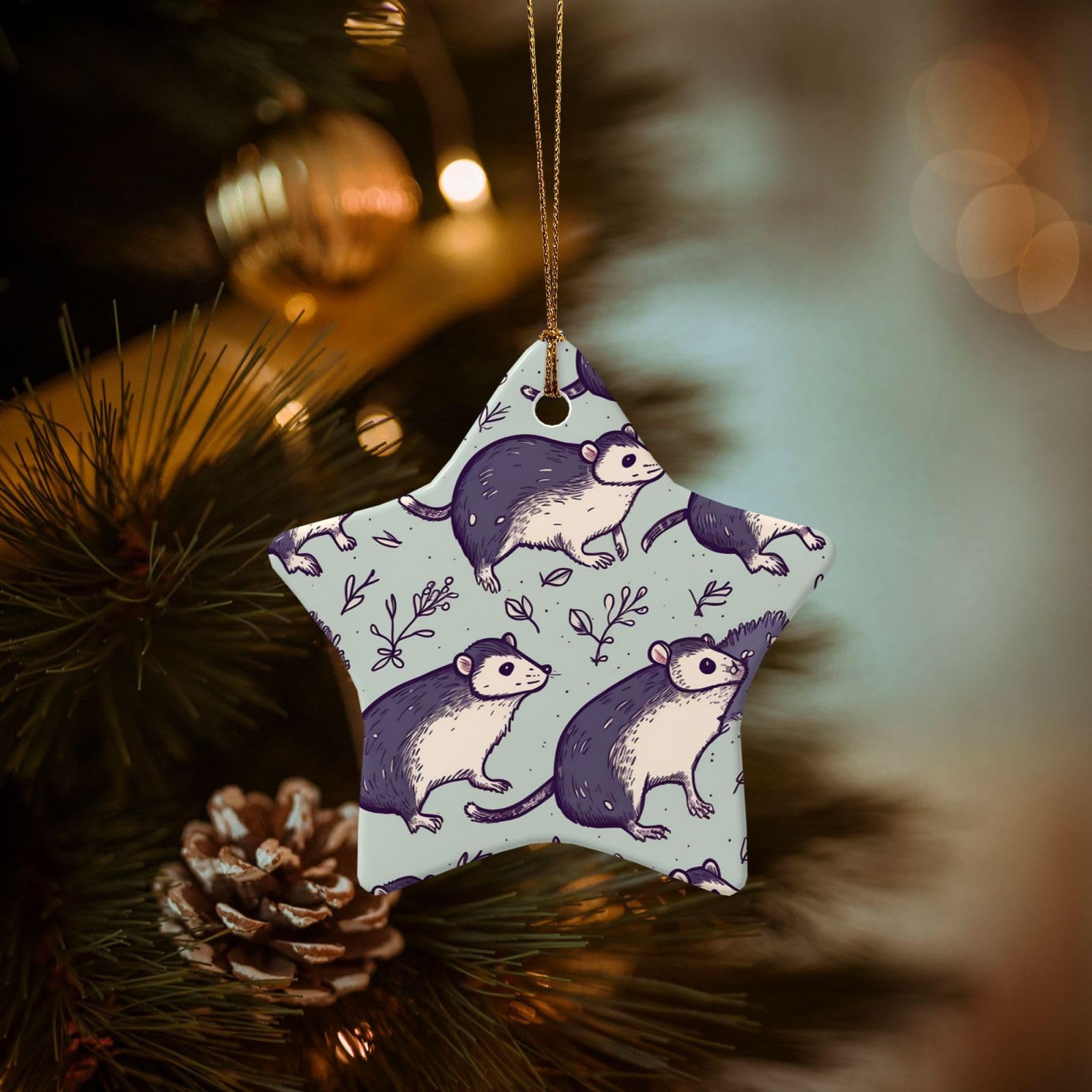 Christmas Ornaments for Christmas Tree Decoration Hanging Opossum Ornament with Gold Ribbon Crafts Star Shape Ceramic Pendant for Keepsake Gifts Xmas Decor Party Supplies