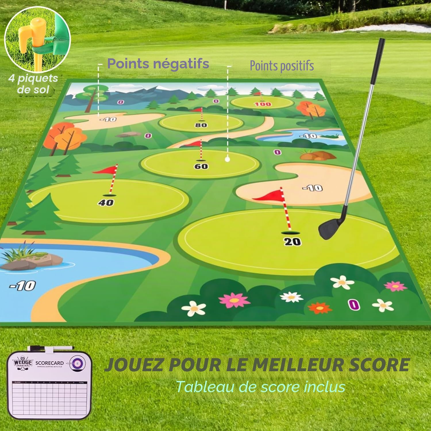 Clemas Jeu de Golf avec Tapis de Frappe, 20 Balles Adhésives, Club, Tableau de Bord, Cibles pour Intérieur et Extérieur