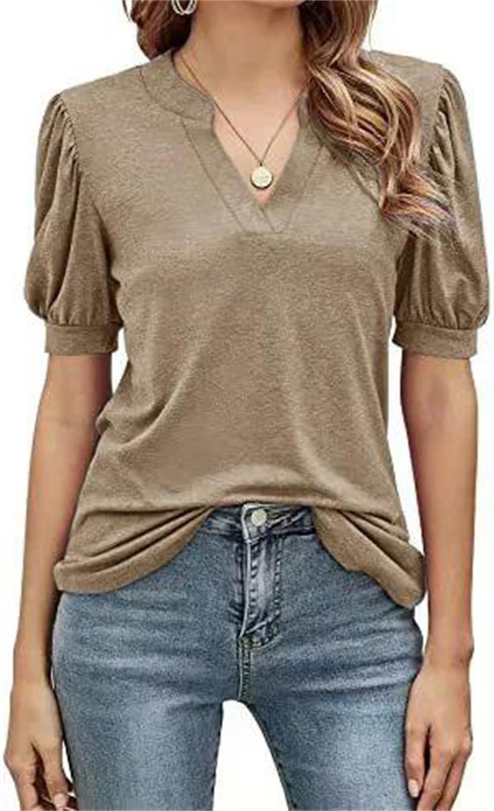 Adhdyuud Damenbluse mit V-Ausschnitt, kurzärmelig, Puffärmel, strukturiert, lockere Passform, lässig, Sommer, Hemdbluse