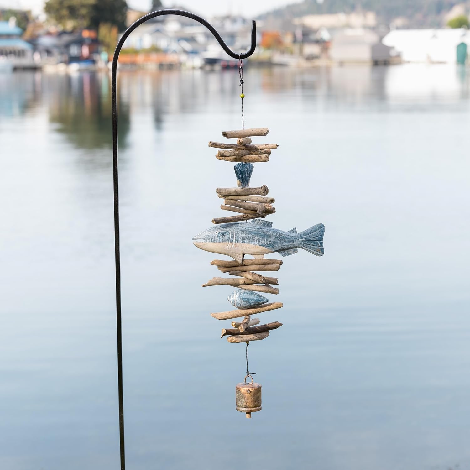 Cohasset Gifts Wind Chime Bell | #565 | Fish w/Clam Shells Cohasset Bell | Nautical, Outdoor, Home Décor for Decks, Garden, Porch | Blue & White Washed |