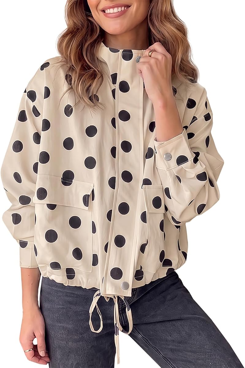 Fisoew Women Casual Cropped Jacket Polka Dot Zipper Up Oversized Fall Coat