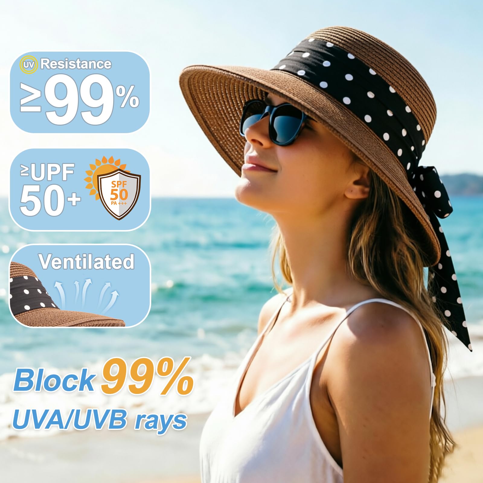AQOKKA Chapeau de soleil en paille à large bord avec nœud papillon pour femme - Chapeau de plage pliable pour l'été - UPF 50+