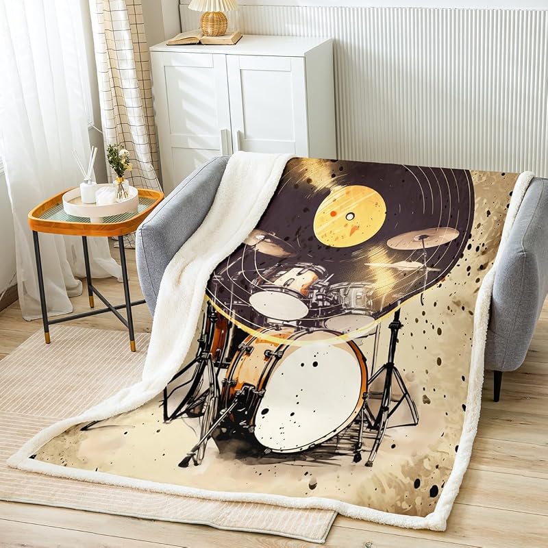 Feelyou Drum Kit Fleece Throw Blanket Musical Instruments Sherpa Blanket for Kids Boys Teens Classical Rock Music Plush Blanket Vinyl Record Fuzzy Blanket for Sofa Bed Couch,40x50 Inches