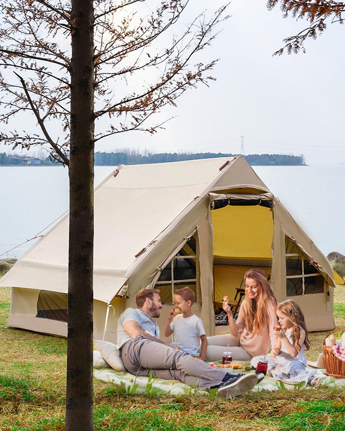 Aufblasbares Zelt, Hochdruck-Schnellaufblasanlage, Outdoor-Campingzelt für 2-4 Personen, 420D Oxford-Tuch Wasserdicht mit Netzfenstern, Kaminöffnung &