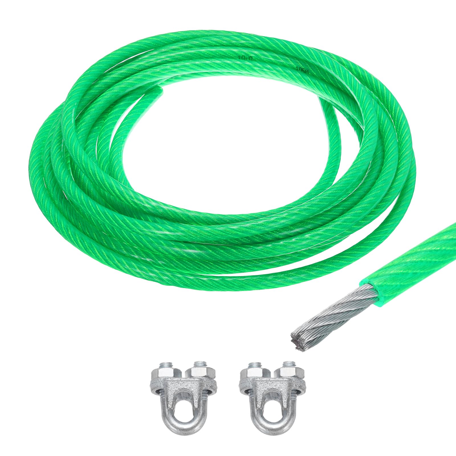 MECCANIXITY 10mm (3/8 inch) Green Vinyl Coated Wire Rope, 6m /20ft Galvanized Steel Cable Wire Rope with 2PCS M10 Loop Sleeves for String Light
