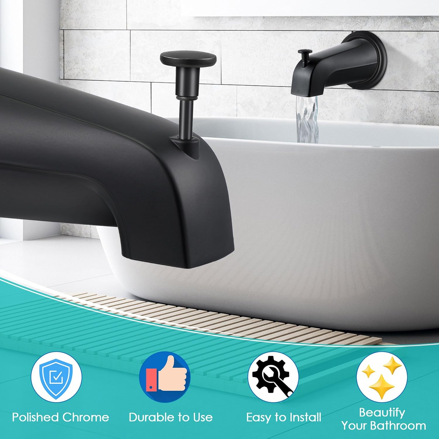 Universal Bathroom Tub Spout with Metal Tub Spout Cover Ring, 5 1/4 Inches Reach Wall Front Mount Faucet with Shower Diverter 1/2" IPS Inside Thread(Matte Black)