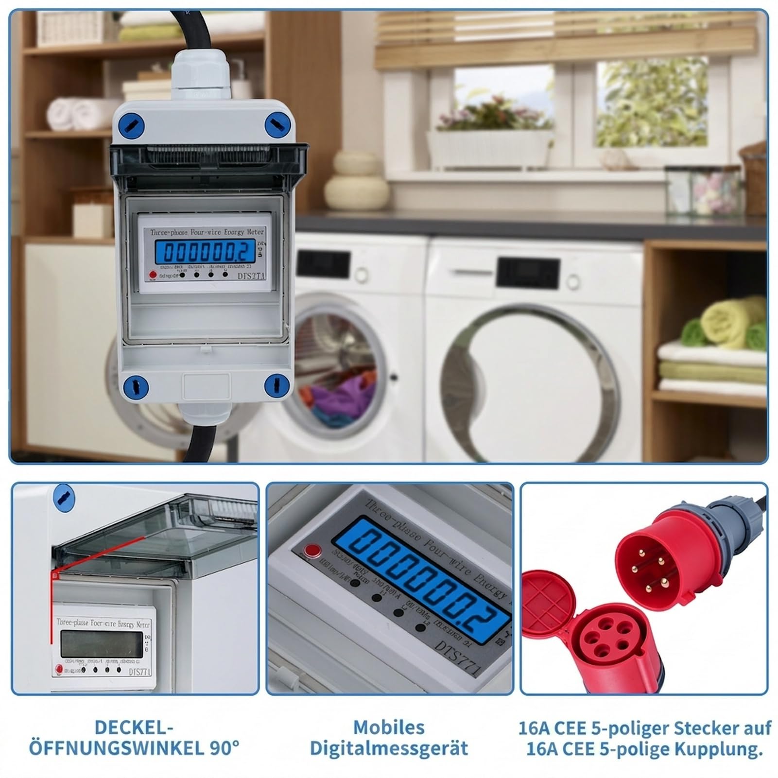 3 Phasen Mobiler Digitaler Stromzähler 16A 400V Mobile Meter CEE-Stecker 3 Phasen Mobiler Digitalzähler 5 * 2,5mm² mit Reset 2m Kabel IP44 Steckdosenadapter Zähler (H07RN-F HR-03X)