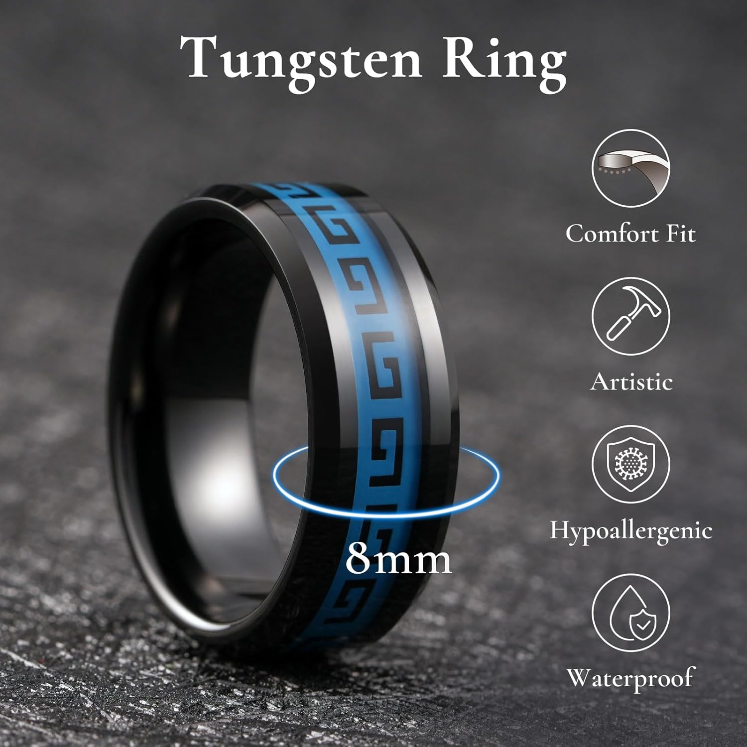 King Will 8mm Mens Tungsten Wedding Rings Carbon Fiber Plaid Inlaid Polished