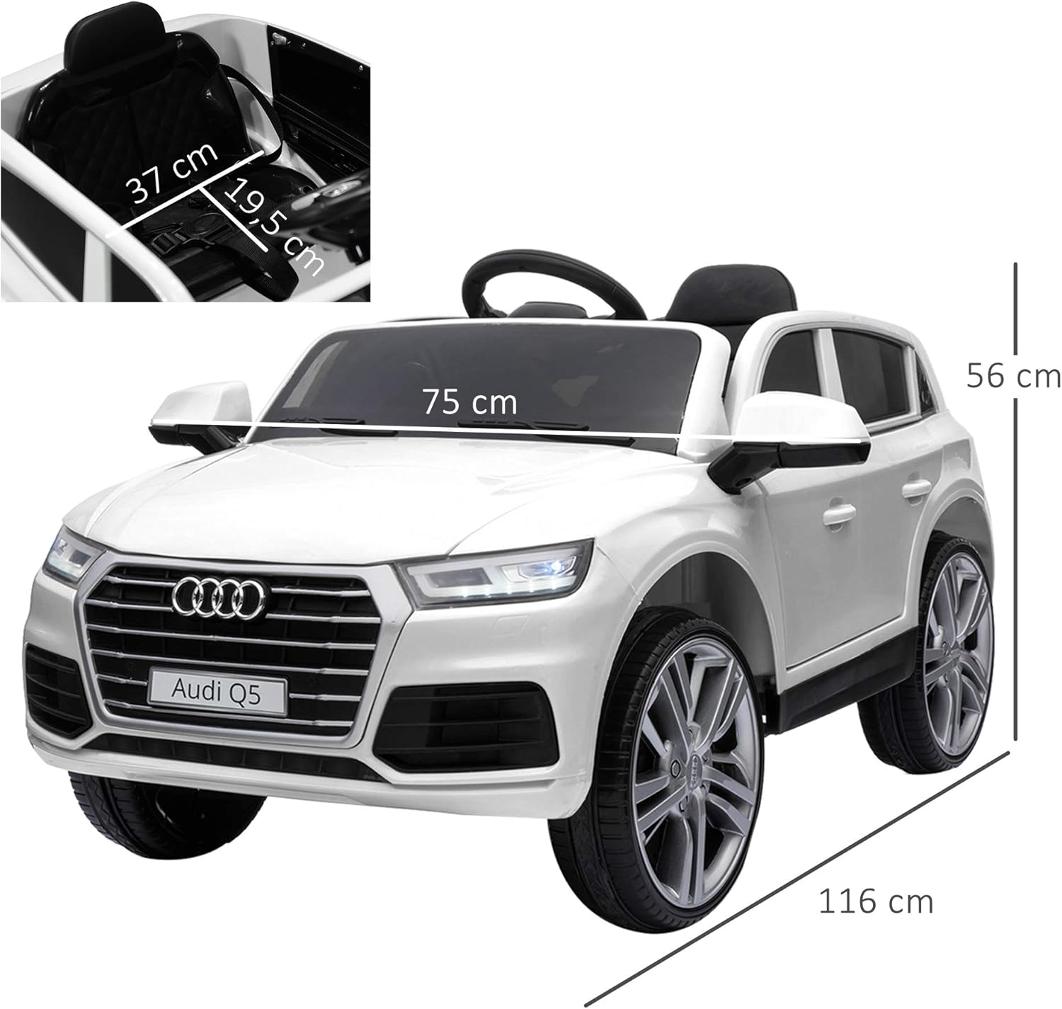 Diagram showing the dimensions of the HOMCOM Audi Q5 Electric Ride-On Car: 116 cm length, 75 cm width, 56 cm height.