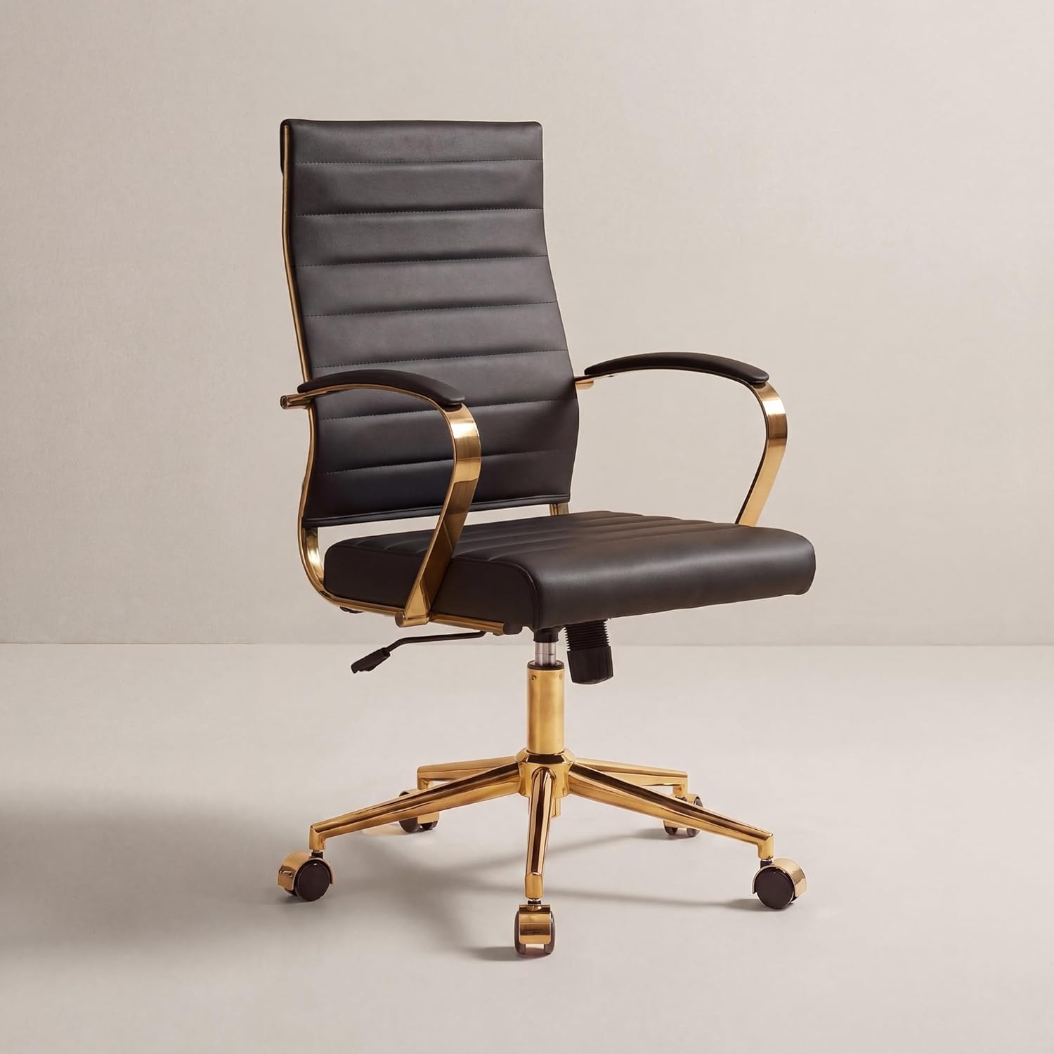 Okeysen Gold Office Desk Chair, Ergonomic Leather Modern Conference Room Chairs, Executive Ribbed Height Adjustable Swivel Rolling Golden Chair for Home Office.