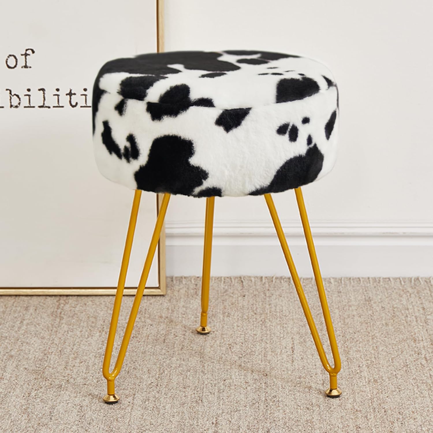 Velvet Vanity Stool, Modern Ottoman Foot Rest Stool with Adjustable Golden Legs, Makeup Chair for Vanity, Multifunctional Makeup Stool for Vanity, Small Vanity Chair for Bedroom, Cow Cow Velvet