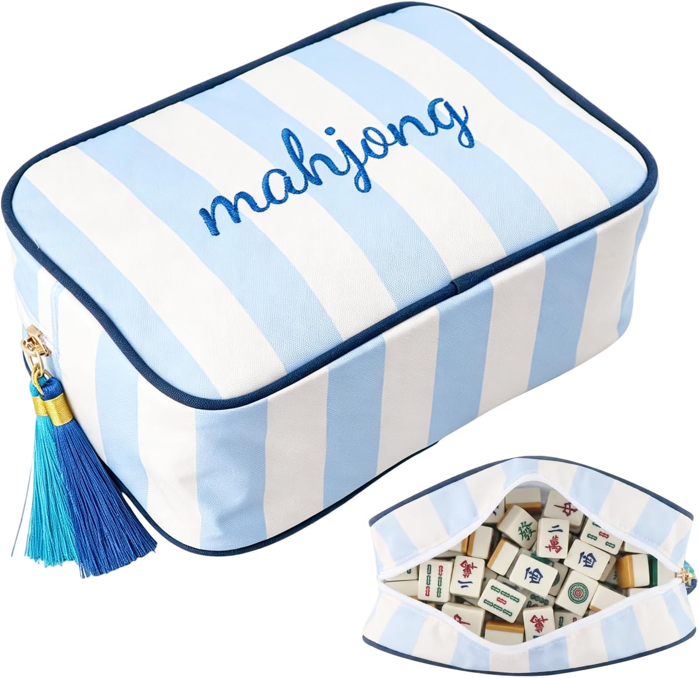 Mahjong Tile Bag, Striped Embroidered Mahjong Carrying Bag | Thickened Canvas Zippered Mahjong Storage Pouch,Portable Board Game Carry Bag for Travel & Game Night,Bag Only (Blue & White)
