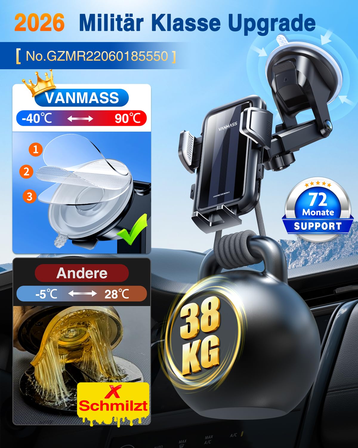 VANMASS 2026【True Militär-Klasse】Handyhalterung Auto【Stärkste Saugnapf & Lüftungsclip 】4 in 1 Handy Halterung Auto Handyhalter 360° drehbar Autohalter für iPhone 17 Pro Max/17 Air/16/15/14 Samsung S25