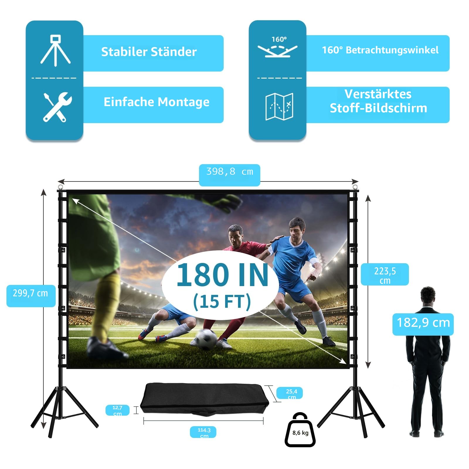 TOWOND 180 Zoll Beamer Leinwand mit Stativ, Leinwand für Beamer 160 Grad Betrachtungswinkel 16:9 HD Rear Front, Filmleinwand Outdoor und Tragetasche für Home Party Theater Nächte