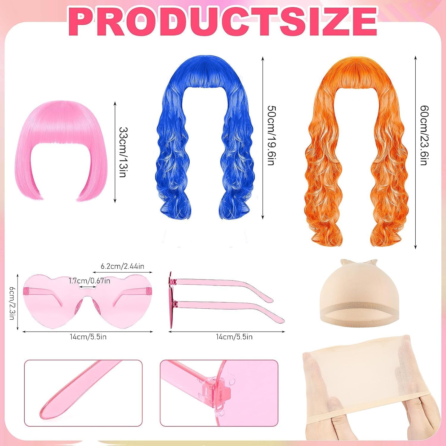 36 Pcs Colored Wig Set, Party Wigs Pack with Wig Caps and Heart Shape Sunglasses Colorful Short Bob Wig to Long Wavy Wigs for Women Cosplay Bachelorette Parties Halloween image 2