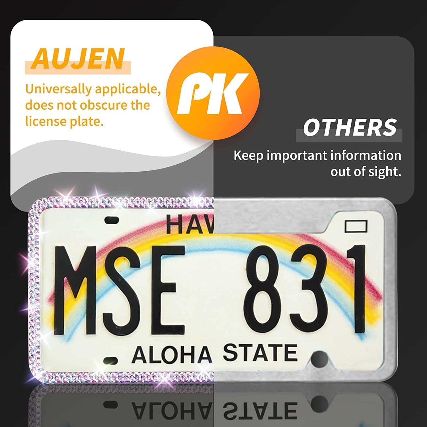 Aujen Bling License Plate Frames 2 Pack, Stainless Metal License Plate Covers, Obstruction-Free & License Plate Frame for Women, Sparkly Rhinestone License Plate Frame Colorful with Gift Box