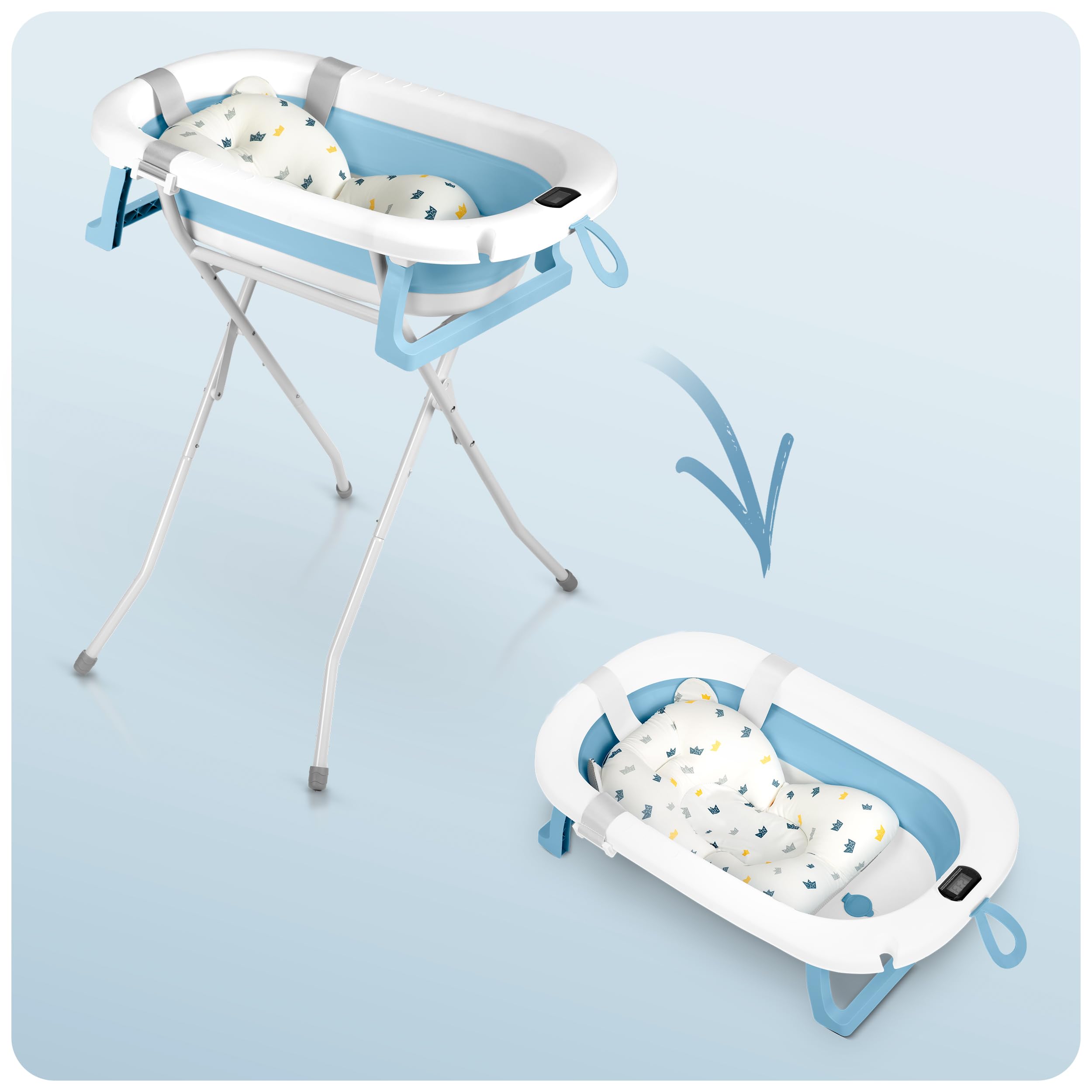 Ricokids Baby Badewanne Babywanne mit Gestell Thermometer und Badekissen - Faltbar Leicht Rutschfest - Weiß Blau