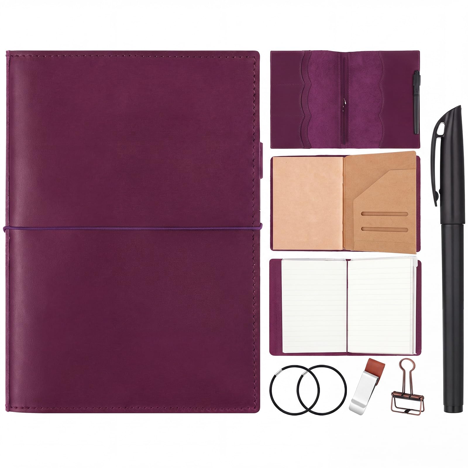 Eaasty Copertina per diario di viaggio in pelle A5 con tasche interne, scomparti per carte di credito e portapenne, inserti per diario di viaggio, cartella in PVC, clip per raccoglitore ed elastici