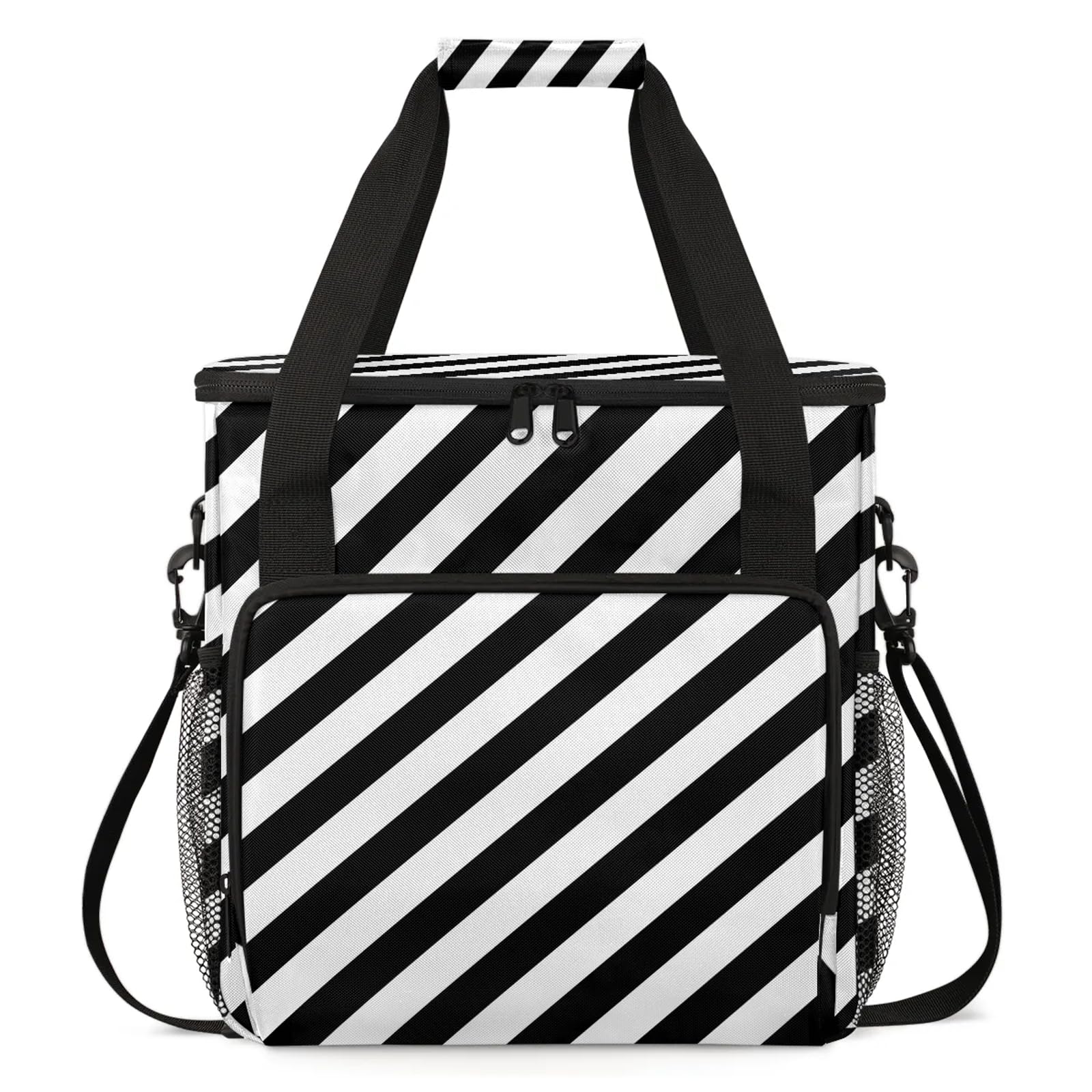 Adornori Stripe Black and White Travel Coffee Maker Carrying Bag, Large Organizer Storage Tote Bag Insulated Reusable Cooler Grocery Bags