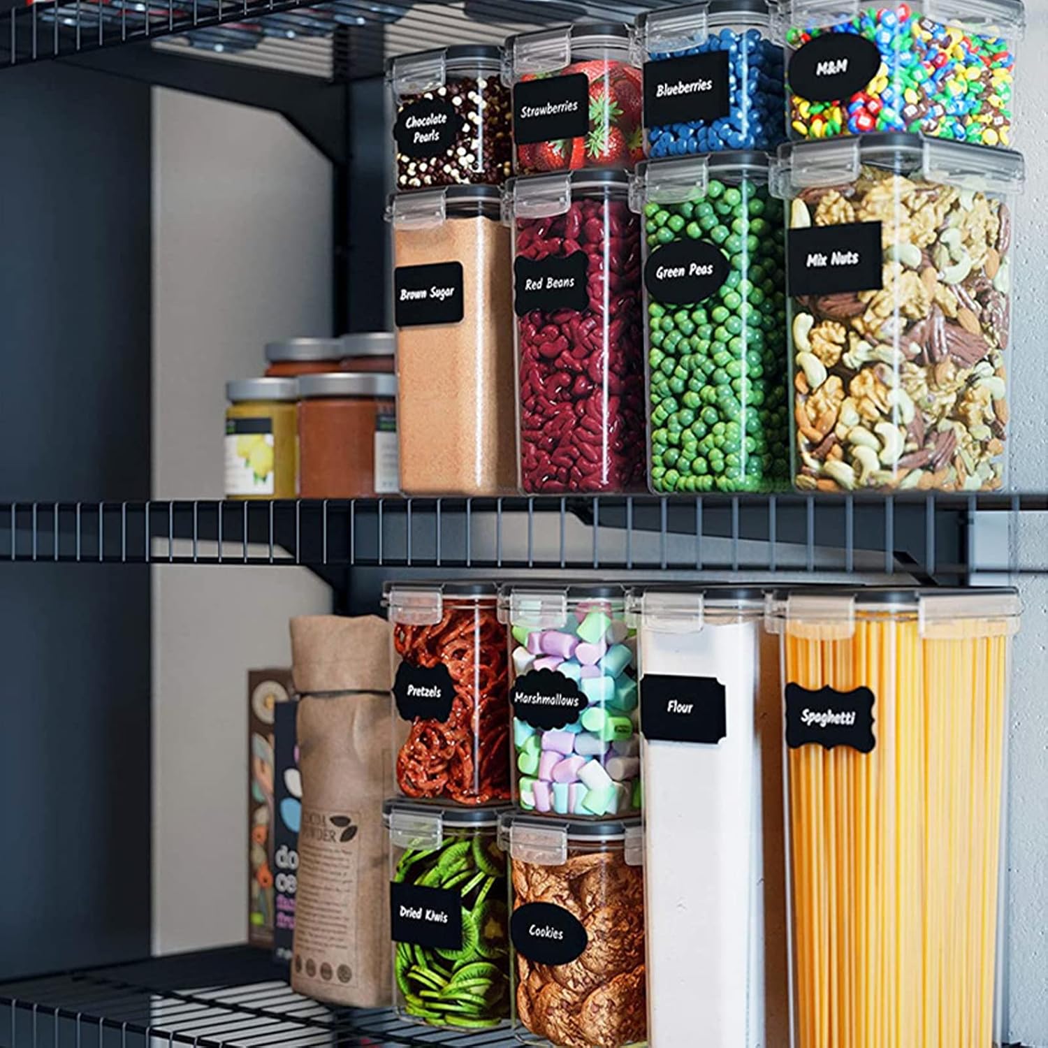 Storage Jars Set, Airtight Set of 16, Airtight Food Storage Containers with Lid for Dry Food in 4 Sizes, BPA-Free, for Storing Kitchen Pasta, Cereal, Flour, Sugar etc image 3