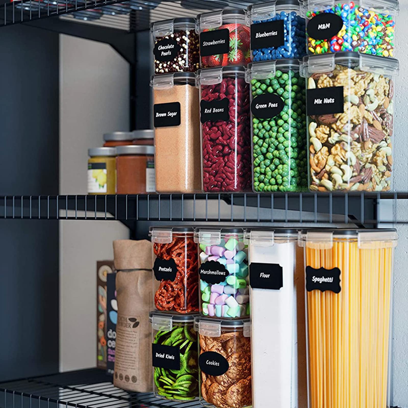 Contenitori Ermetici per Alimenti e Cereali, Set 16 Pezzi, 4 Taglie, Senza BPA, per Pasta, Farina, Zucchero, in Plastica con Coperchio e Etichette, Cucchiaio