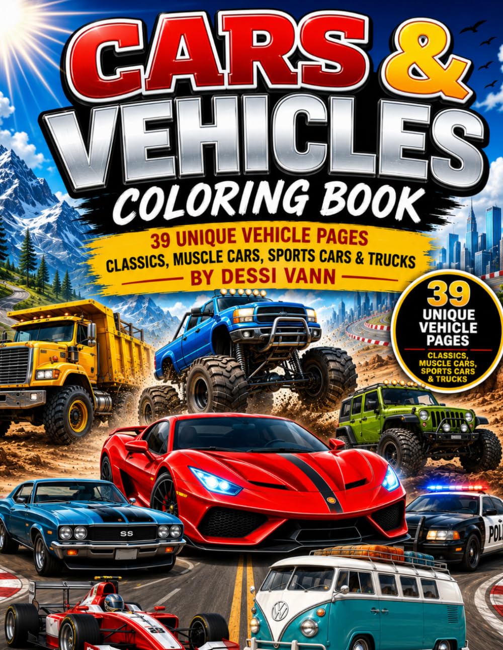 Cars & Vehicles Coloring Book: 39 unique vehicle pages. Classics, Muscle Cars, Sports Cars & Trucks