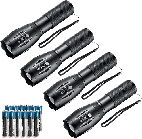 LED Flashlights,4pack Tactical Flashlight High Lumens Lights with 12Pack AAA Batteries Portable Waterproof Zoomable Flashlight with 5 Mode for
