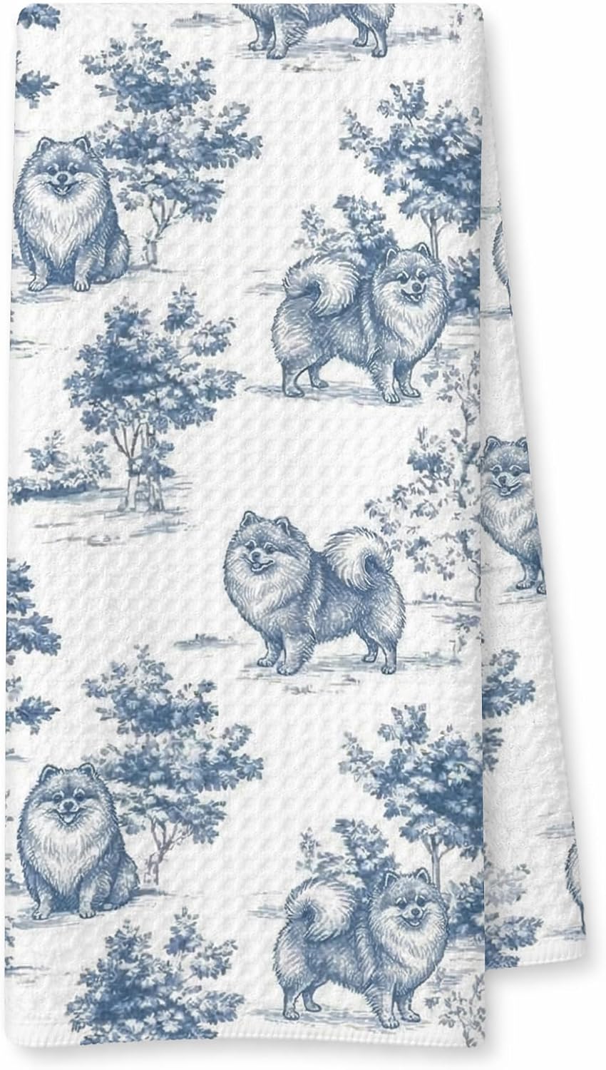 Blue and White Chinoiserie Pomeranian Gift Hand Towels for Bathroom Kitchen, Pomeranian Gifts for Women, Vintage Toile De Jouy Pomeranian Kitchen Dish Tea Towels, 16X24 Inch