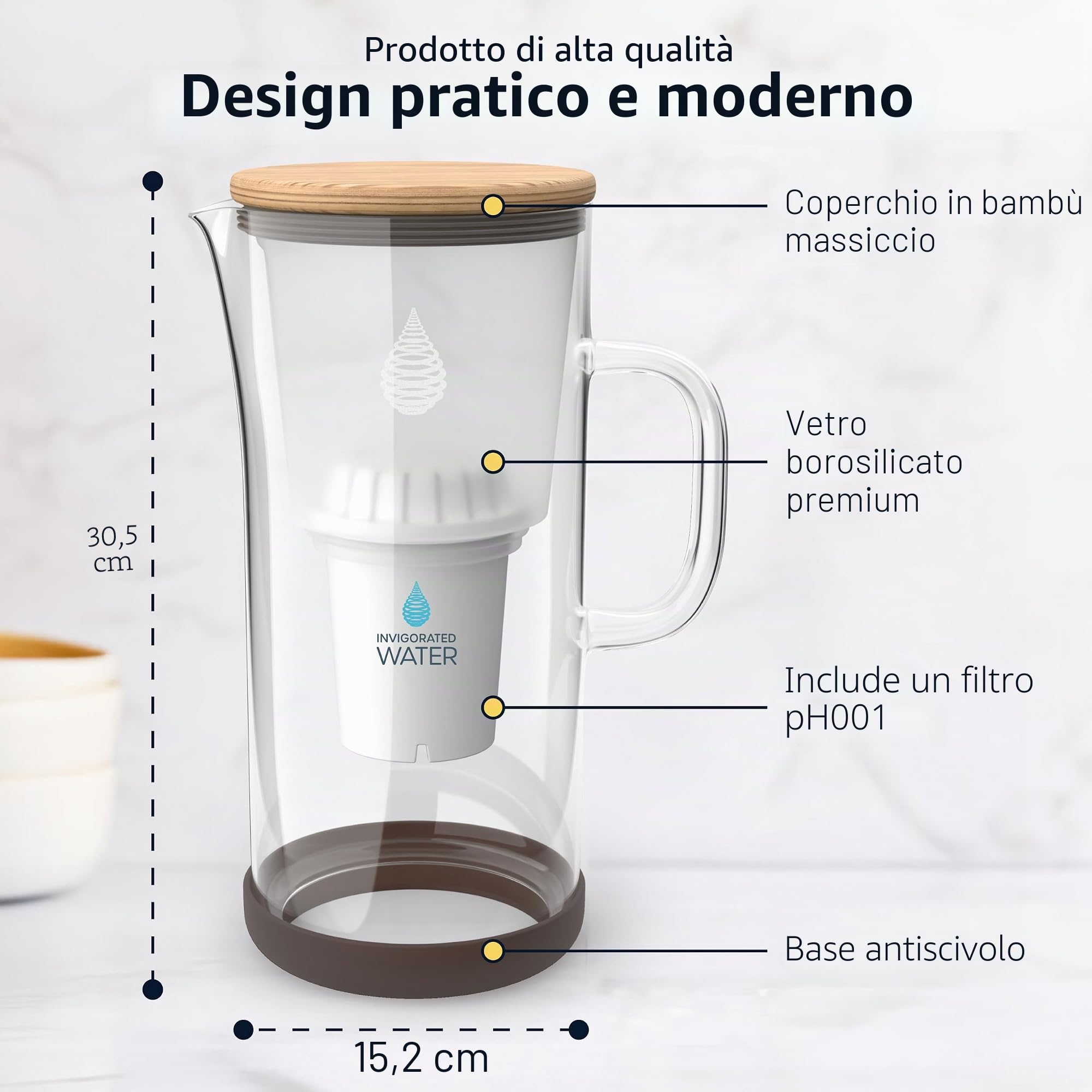 Invigorated Water PH Restore Caraffa filtrante per acqua alcalina – Brocca acqua filtrante durevole con sistema di filtrazione a più livelli – Brocca in vetro per pH elevato, filtro acqua pura, 3,5 L