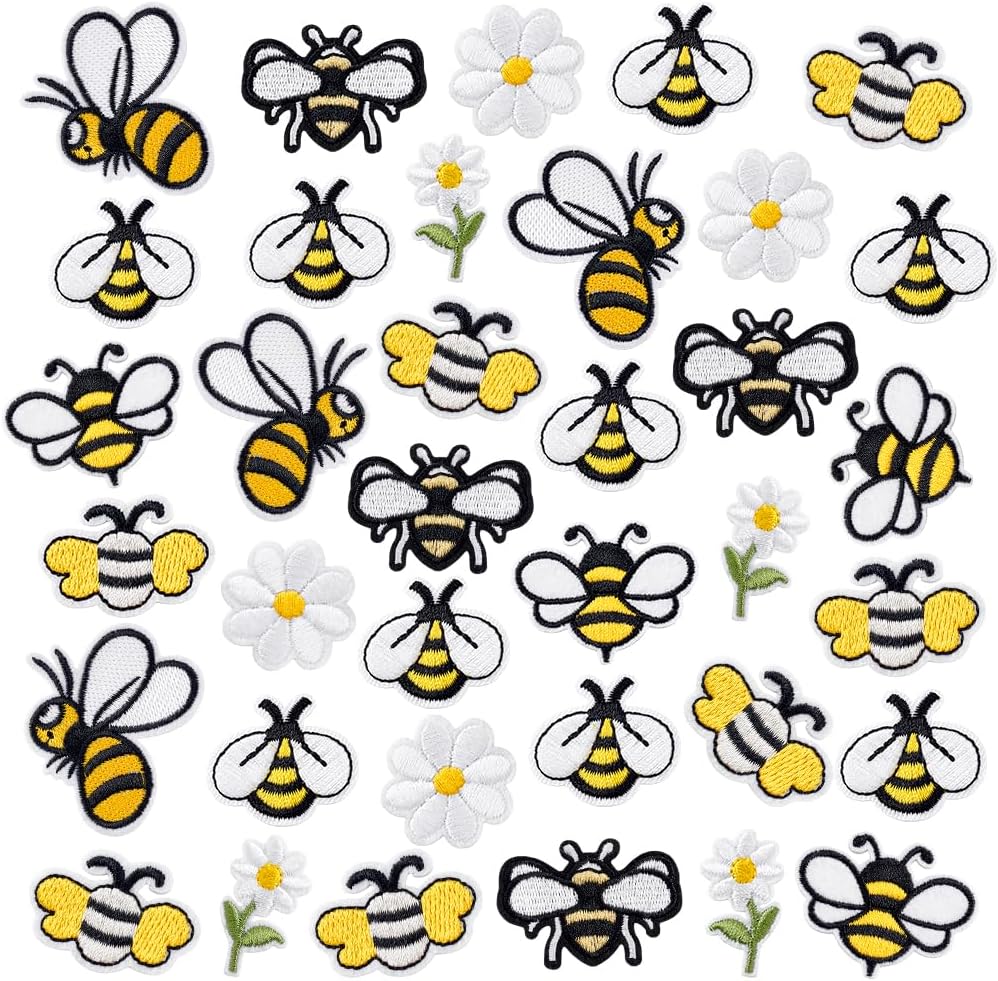 PH PandaHall 45pcs Bee Iron On Patches Flower Patches Sew On, 7 Styles Cute Cartoon Embroidered Applique Patch Flower Sewing Patch Decorative for Clothes Dress Jeans Jacket Pants Backpack Hat