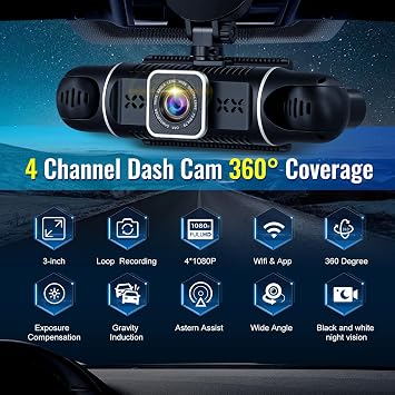 NHOPEEW 4 Channel Dash Cam 360 Coverage: Front 2K + Triple 1080P Car Camera Built-in WiFi Car Camera with App, Front Rear Left Right Inside with G-Sensor/Night Vision/Loop Recording + 64GB Card
