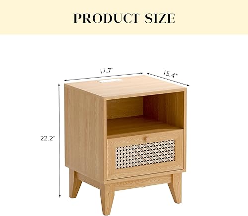 Miniatura 2 de Betterhood Mesita de noche de ratán con estación de carga puertos USB y tomas de corriente mesa auxiliar de madera para sala de estar y dormitorio