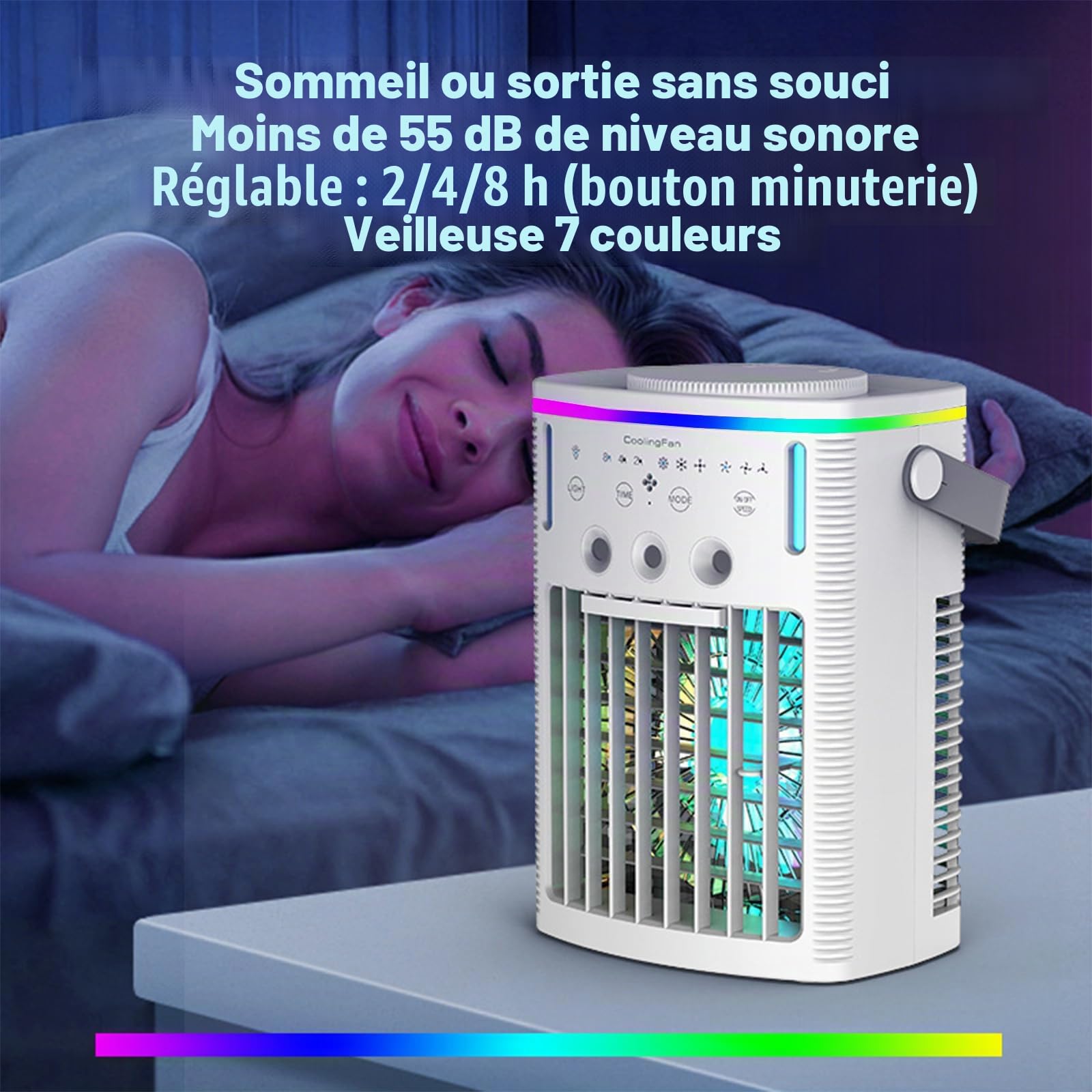 Climatiseur portable avec réservoir d'eau de 1000 ml, mini rafraîchisseur d'air, climatiseur 4-en-1 USB avec veilleuse LED 7 couleurs, idéal pour la cuisine, le bureau, la chambre et le camping