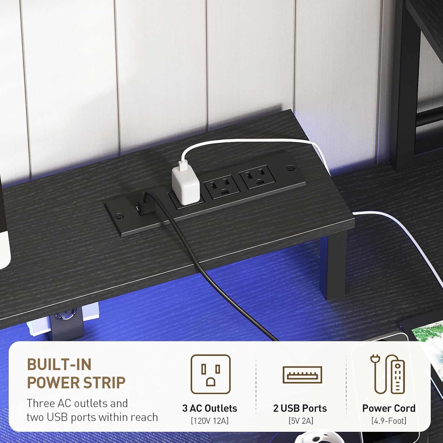 Computer Desk with Shelves and Drawers, 43.3 Inch Gaming Desk with Charging Station and LED Lights, Desk Workstation with Monitor Stand and Storage for Home Office, Black
