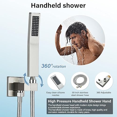 Miniatura 6 de Juego de grifo de ducha, sistema de ducha de lluvia de níquel cepillado con cabezal de ducha de lluvia de alta presión de 8 pulgadas y rociador de